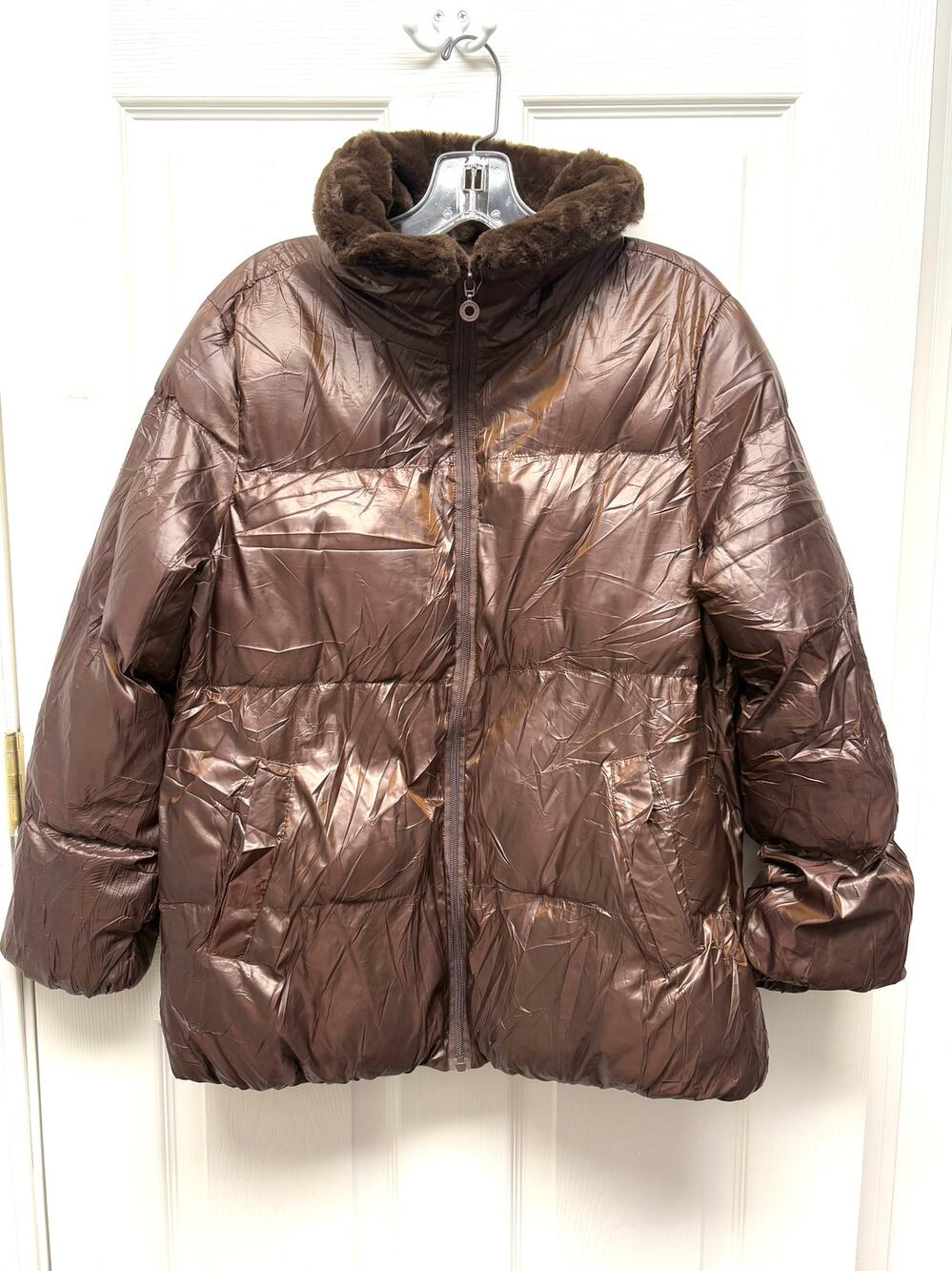 Andrew Marc New York Jacket Puffer Iridescent Brown Faux Fur Trim Coat Womens XS